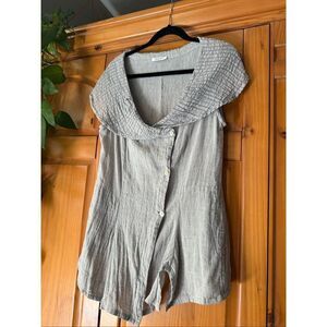 Banana Blue Linen Asymmetrical Button Top w/ Quilted Collar – Made in Australia